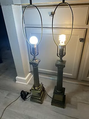 Vintage Mid Century Brass Corinthian Column Table Lamp 24  Pair • $39.99