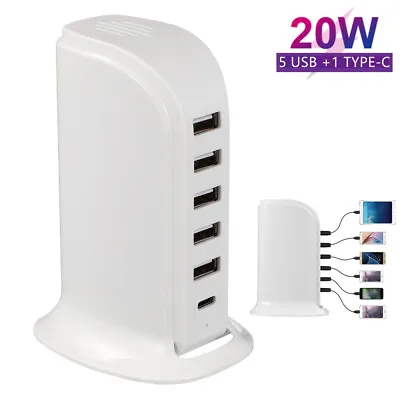 6 Port USB Charging Station TYPE-C Hub Tower Desktop Phone Charger Organizer UK • £10.99