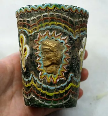 Anceint Mosaic Glass Vase King Gold Plated Face Original Rainbow Wave Decor • $120