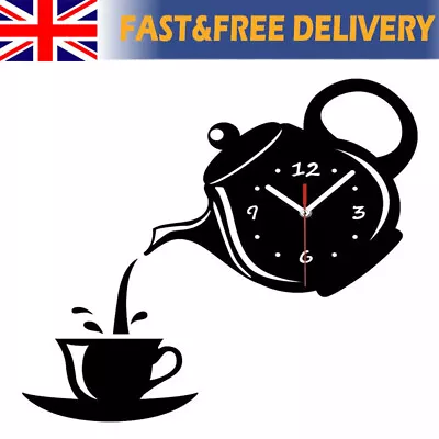 DIY Coffee Cup Teapot 3D Wall Clock Decorative Home Kitchen Clocks Decor Sticker • £8.35