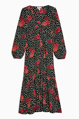£15.99 • Buy TOPSHOP Floral Print Balloon Sleeve Plunge V-Neck Button Front Tea Dress Size 10
