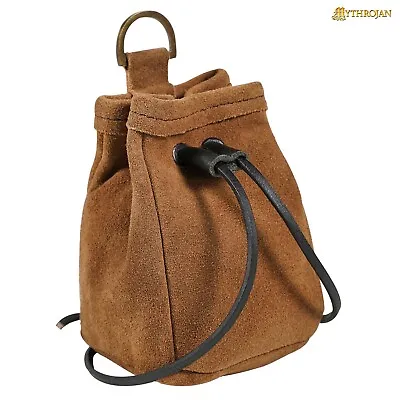 Medieval Drawstring Belt Bag  Suede Leather Renaissance Costume Accessory Brown • $24.99