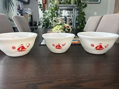 Lot (3) Set MCKEE Milk Glass RED SHIPS SAIL BOAT MIXING BOWL SET 9”(2) 8”(1) • $50