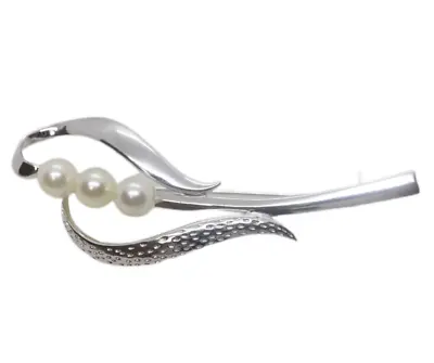 Mikimoto Akoya Pearl Sterling Silver Brooch With 3 Pearls  55mm-Width Japan • $79