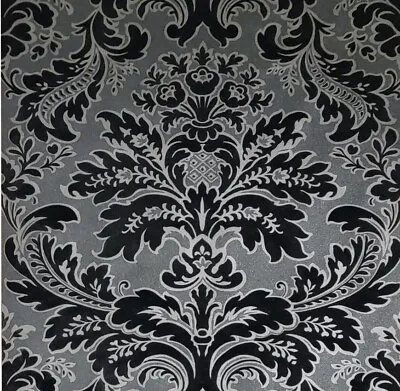 Wallpaper Flocking Black Silver Gray Metallic Flocked Damask Velvet Flock 3D • $166.62