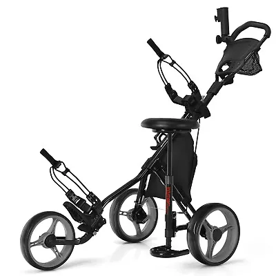 Folding 3 Wheels Golf Push Pull Cart W/Adjustable Handle&Padded Seat&Front Wheel • $178.95