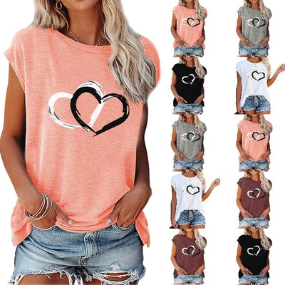 £12.09 • Buy Women Short Sleeve T-Shirt Heart Print Summer Crew Neck Casual Blouse Tee Tops