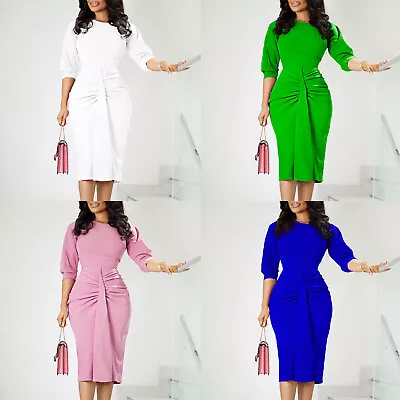 Womens 3/4 Sleeve Party Dress Special Bodycon Ruched Pencil Dress Slim Fit Midi • $24.09