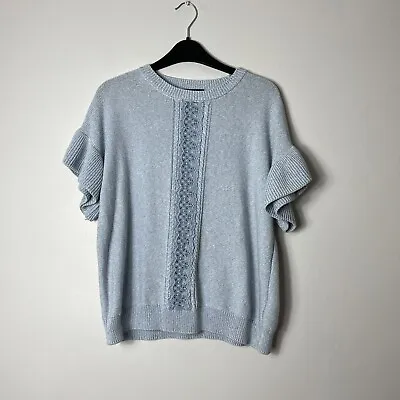 Vintage Womens M&S 100% Cotton Short Sleeved Sweater Chambray Lace Design Size M • £9.99