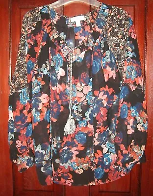 Vintage America L ADA Top Shirt Blouse Floral Print Keyhole Ties Tassels Chiffon • $24.99