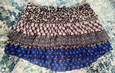 £9.99 • Buy Blue Vanilla Size 12 Chiffon Tiered Mini Skirt Leopard Floral Gypsy Boho