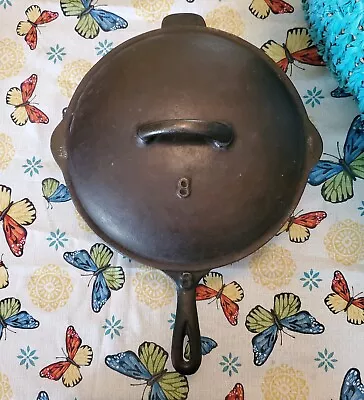 Vintage UnMarked Raised No. 8 Heat Ring Cast Iron Chicken Fryer Skillet With Lid • $75