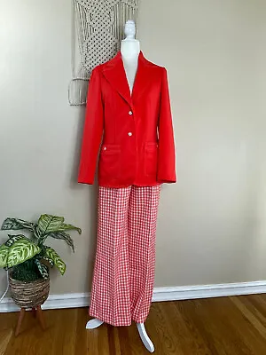 Vintage Alex Colman Tomato Red Plaid Blazer Pants Suit Set S 70s • $75