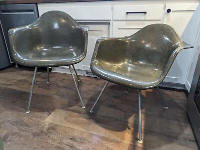 Pair Of Herman Miller Eames Olive Green Fiberglass Chairs 1960's • $1675