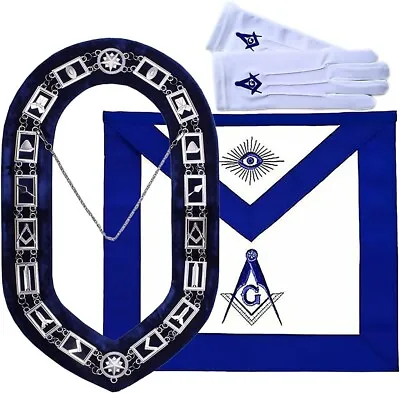  Blue Lodge Master Mason Apron Chain Collar Square And Compass Gloves Set • $69.99