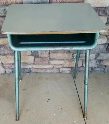 Vintage Turquoise Industrial Mid-Century Student School Desk W/ Adjustable Legs • $300