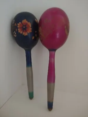 WOODEN MARACAS Vintage Handpainted Hand Carved Percussion Shaker Set Of 2 • $19.80