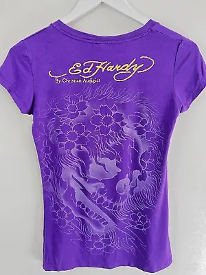 Ed Hardy Christian Audiger Purple Front Back Graphic Print Designer T-shirt Sz S • $79