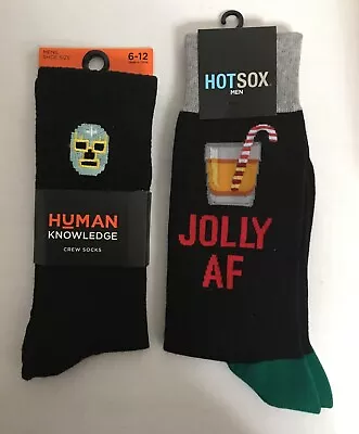 NEW Lot/2 Pair Mens Crew Socks - Hot Sox  JOLLY AF  & Human Knowledge Crew • $6.95