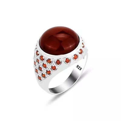 Men Handmade Agate Ring Round Aqeeq Gemstone Ring 925K Silver Vintage Ring • $65