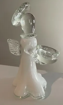 Sommerso  Glass Standing Angel  Candle Holder  White/Clear Murano Style Unbr • $39.99