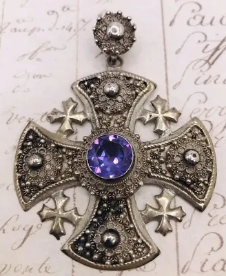 Maltese Cross 950 Silver Pendant Cannetille With Color Change Purple Stone • $85