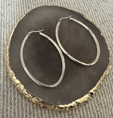 Vintage Oblong Sterling Silver Hoop Earrings 2 Inches • $15
