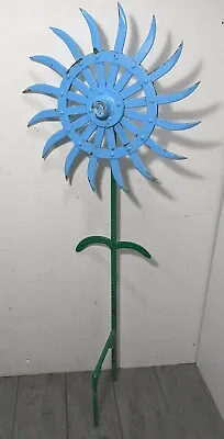 Vintage Industrial Iron Farm Tiller Rotary Spike Wheel Sun Flower Yard Sculpture • $180