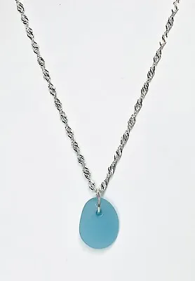 Handmade Minimalist Bright Opaque Blue Seaglass Pendant Only Sterling Silver • $14.40