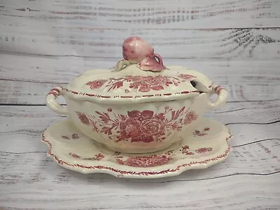 Vintage Italian Soup Tureen W Underplate Cabbage Rose Pear Italy Signed Floral • $69.99