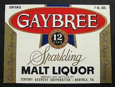 $2.60 • Buy Century Brewery GAYBREE MALT LIQUOR  Label VA  7oz