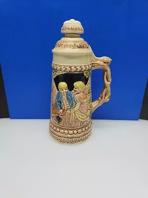 Vintage German Beer Stein W/ Lid Music Box Hand Painted Ceramic Cork Lid • $40.50