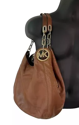 Michael Kors Fulton Large Pebble Cow Leather Shoulder Hobo Bag Peanut Gold GUC • $50