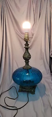 Vintage Mid Century Murano-Style Handblown Hollywood Blue Teal Glass Lamp • $399