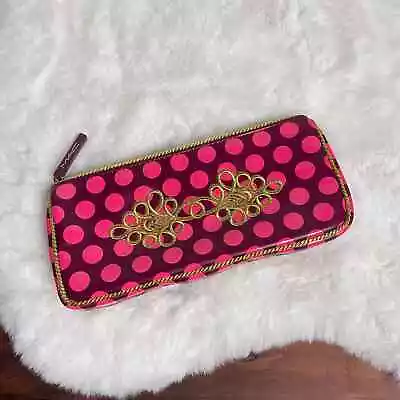 MAC Burgundy Pink Polka Dot Gold Embroided Zipper Cosmetic Makeup Bag • $12.23