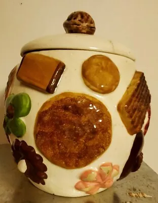 Vintage Los Angeles Pottery Cookies All Over Cookie Jar Walnut Lid .See Descript • $59