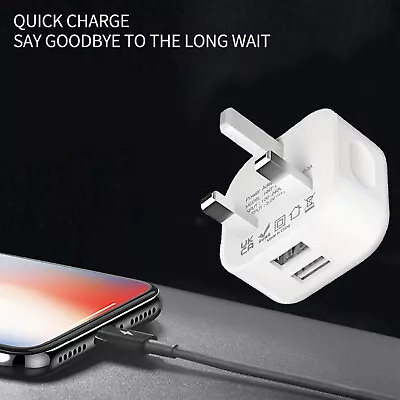 UK Mains 3 Pin Plug Adapter Wall Charger 2-Port Dual USB For Smart Phones Tablet • £2.59