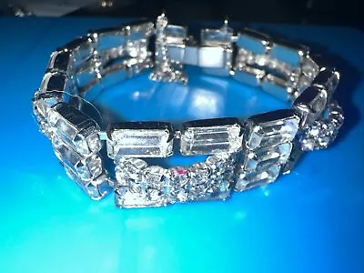 Vintage Estate Silver Tone Art Deco Wide CLEAR RHINESTONE BRACELET 7” • $52