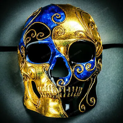 Venetian Mardi Gras Skull Full Face Mask - Blue Gold Black • $25