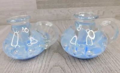 Vintage 1996 Gibson Art Glass Candle Stick Holder Handle Blue Bubbles Set Of Two • $46.49