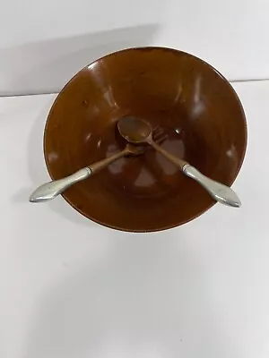 Mid Century Modern Mahogany Salad Bowl & Tossers W Revere Pewter Base & Handles • $50