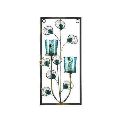 Blue Iron Glass Two Plastic Peacock Candle Wall Sconce Home Decor • $43.35