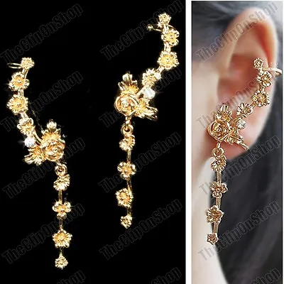 CLIP ON PAIR EAR CUFF Ornate EARRINGS Big GOLD FASHION Vine ROSE Crystal FLOWER • $7.39