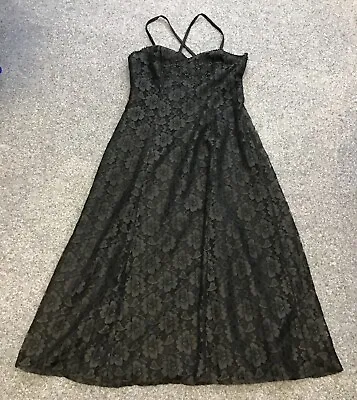 £2.99 • Buy Vintage 1980s CHARLOTTE HALTON Beaded Black Lace Dress Cross Over Straps VGC M