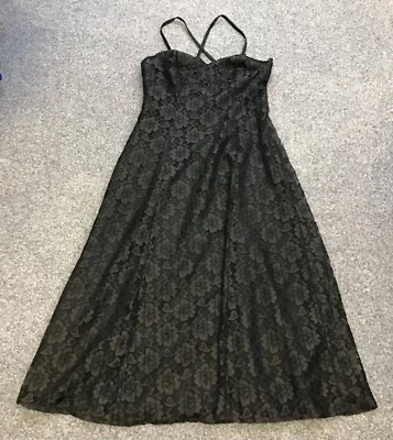 £2.99 • Buy Vintage 1980s CHARLOTTE HALTON Beaded Black Lace Dress Cross Over Straps VGC M