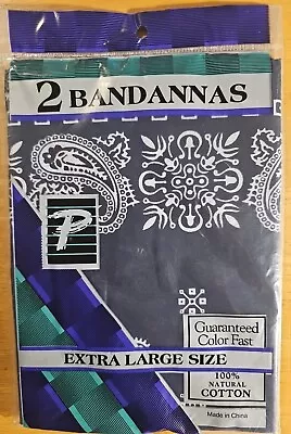 Vintage 2 Pack Bandannas Blue Paisley 100% Cotton Color Fast XL Accessories NEW • $29.98