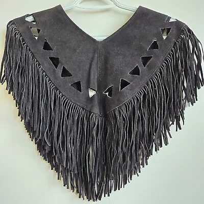 Vintage Poncho. Pioneer Wear. Fringe. Genuine Suede Leather Black. • $22.50