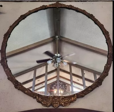 40” Vintage Round Gold Brass And Wood Floral Mirror • $99.99