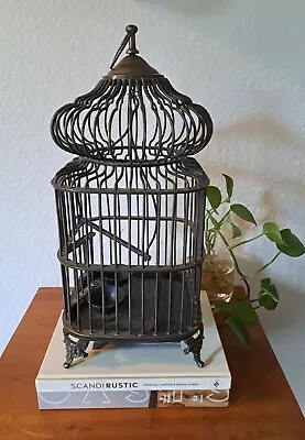 Vintage Bronze Hanging Bird Cage  Perch 18  Decor Unique Patina Heavy • $64.95