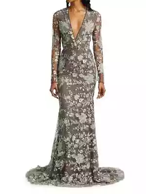 NAEEM KHAN Floral Lace Embroidery Mermaid Gown V-neck SILVER Size 8 $4995 NWT • $1270